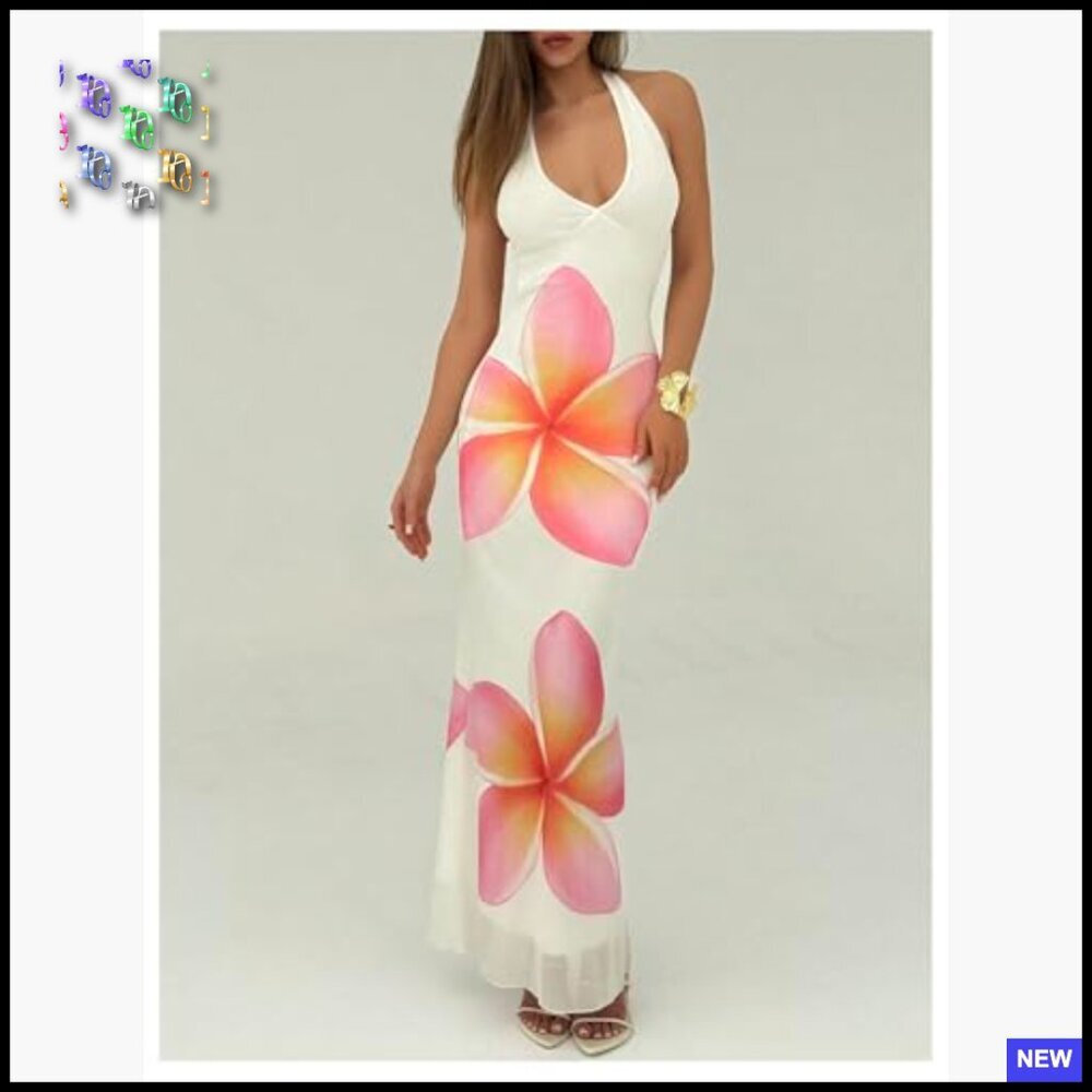 Floral Print Tie Backless Halter Maxi Dress Bodycon Mesh Elegant Chic - Picture 3 of 5